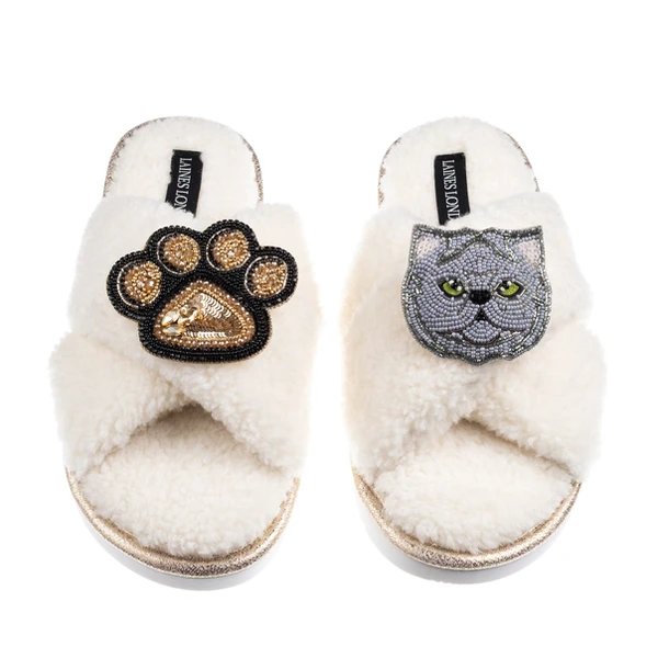 laines london Boucle Slippers With Paw & Grey Persian Cat Brooches