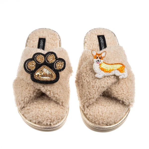 Laines London Boucle Slippers With Paw & Peach The Corgi Brooches