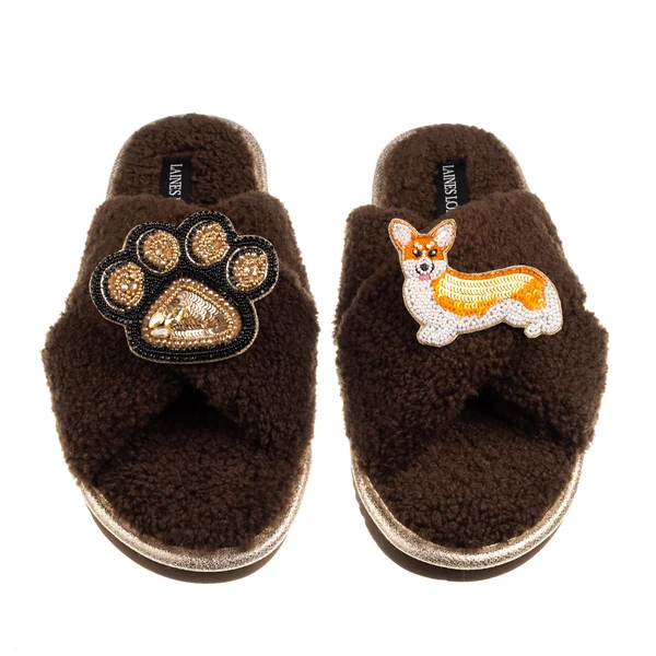 Laines London Boucle Slippers With Paw & Peach The Corgi Brooches