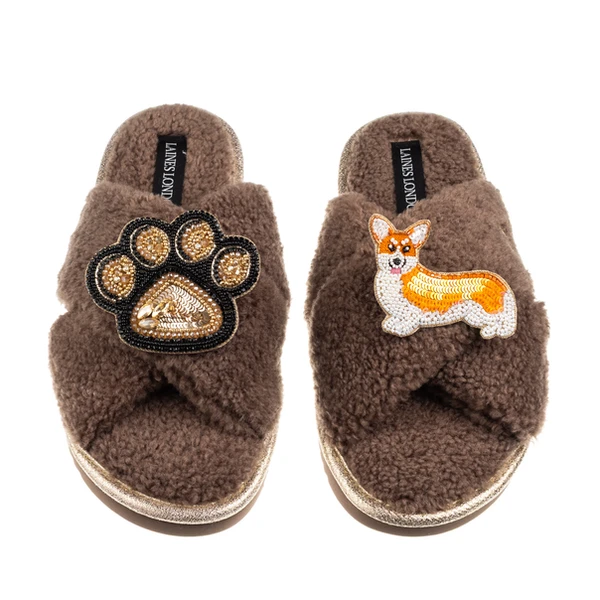 laines london Boucle Slippers With Paw & Peach The Corgi Brooches laines london Boucle Slippers With Paw & Peach The Corgi Brooches