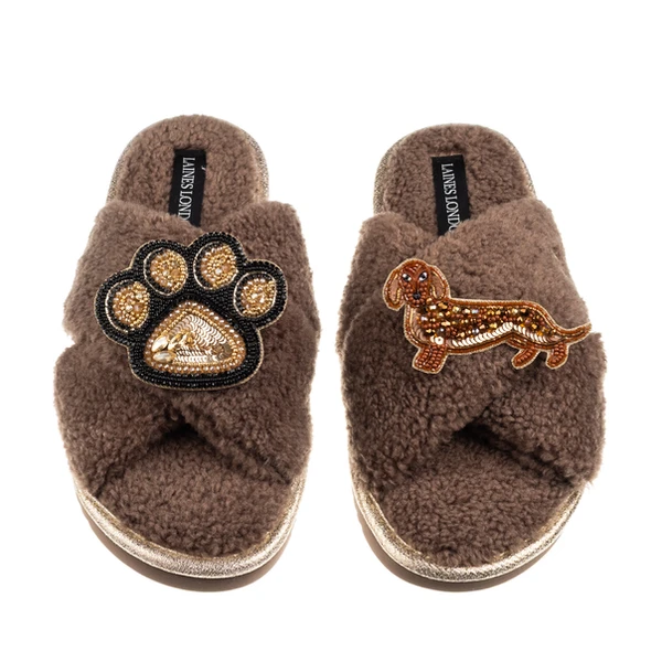 Laines London Boucle Slippers With Paw & Red Dachshund Brooches