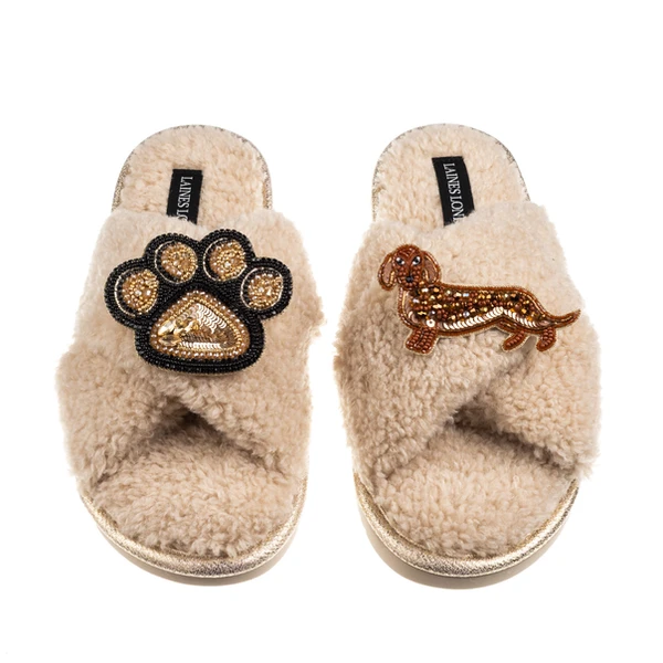 Laines London Boucle Slippers With Paw & Red Dachshund Brooches
