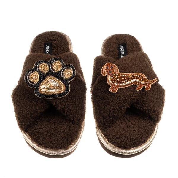 Laines London Boucle Slippers With Paw & Red Dachshund Brooches