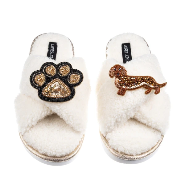laines london Boucle Slippers With Paw & Red Dachshund Brooches