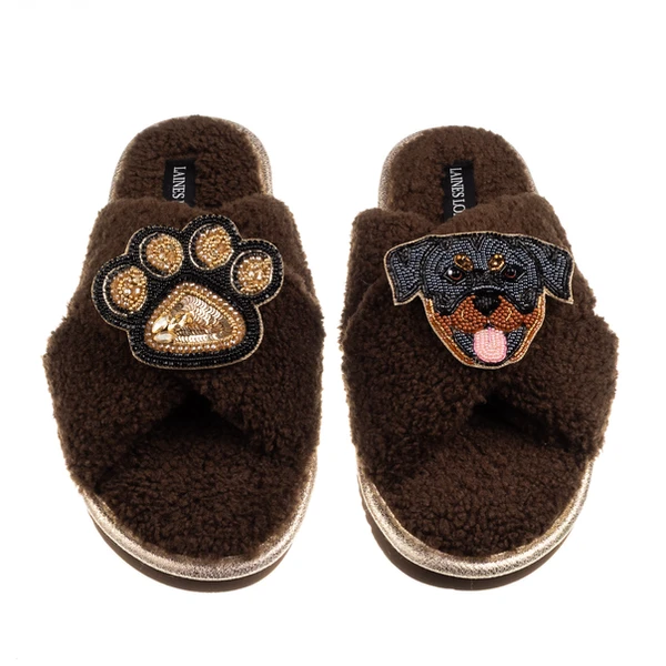 Laines London Boucle Slippers With Paw & Rottweiler Brooches