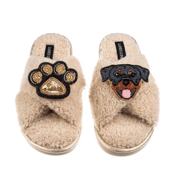 Laines London Boucle Slippers With Paw & Rottweiler Brooches