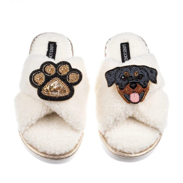 Laines London Boucle Slippers With Paw & Rottweiler Brooches