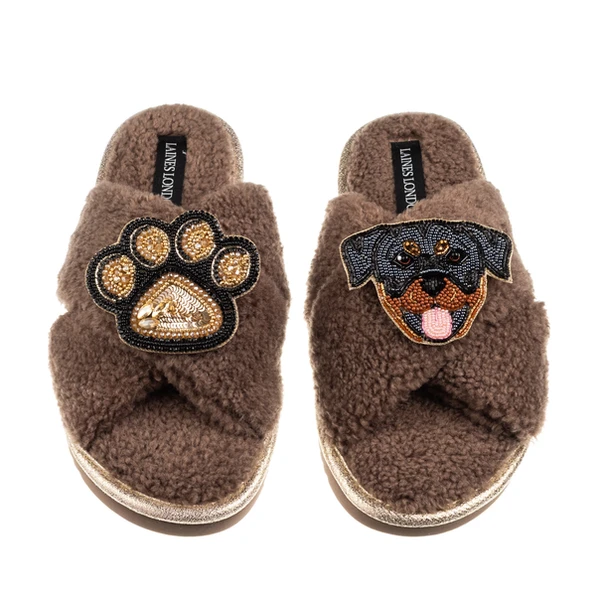 laines london Boucle Slippers With Paw & Rottweiler Brooches