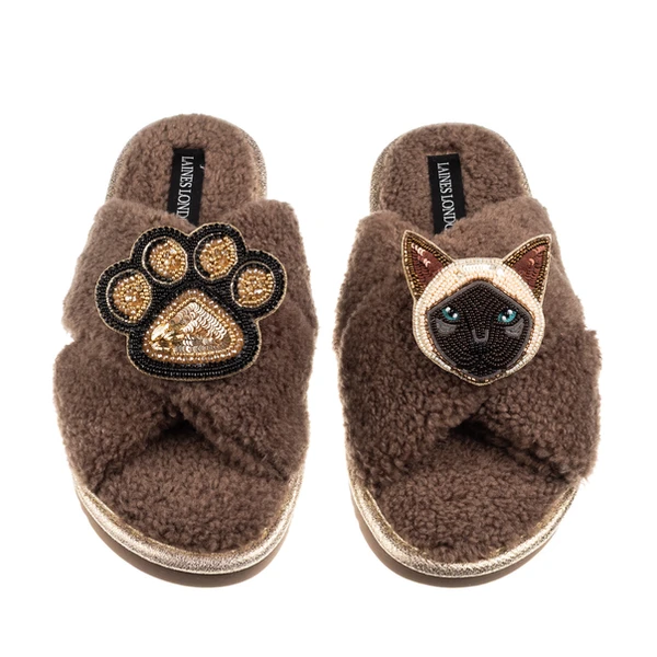 Laines London Boucle Slippers With Paw & Siamese Cat Brooches