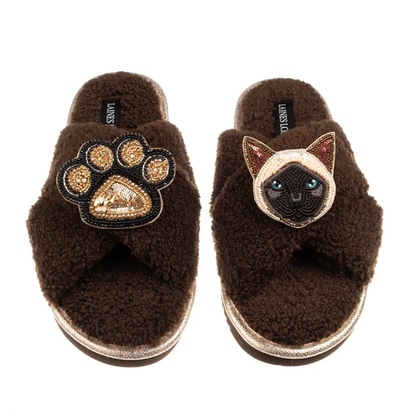 Laines London Boucle Slippers With Paw & Siamese Cat Brooches