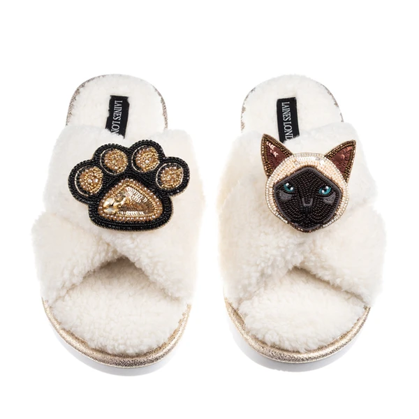 laines london Boucle Slippers With Paw & Siamese Cat Brooches laines london Boucle Slippers With Paw & Siamese Cat Brooches