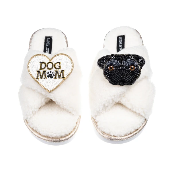 Laines London Boucle Slippers With Snoopy Pug & Dog Mum / Mom Brooches