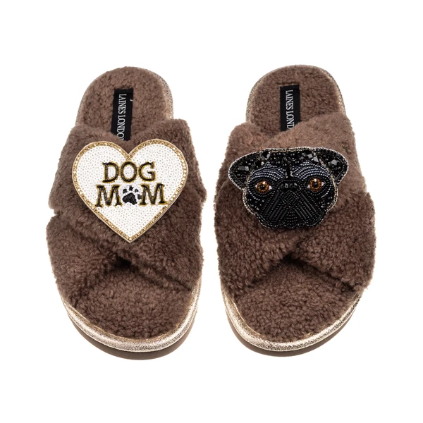 Laines London Boucle Slippers With Snoopy Pug & Dog Mum / Mom Brooches