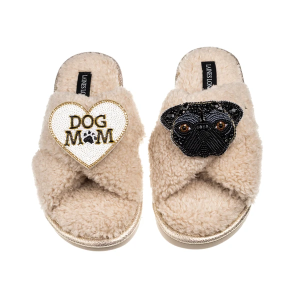 Laines London Boucle Slippers With Snoopy Pug & Dog Mum / Mom Brooches