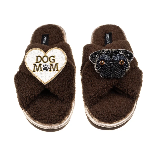 laines london Boucle Slippers With Snoopy Pug & Dog Mum / Mom Brooches