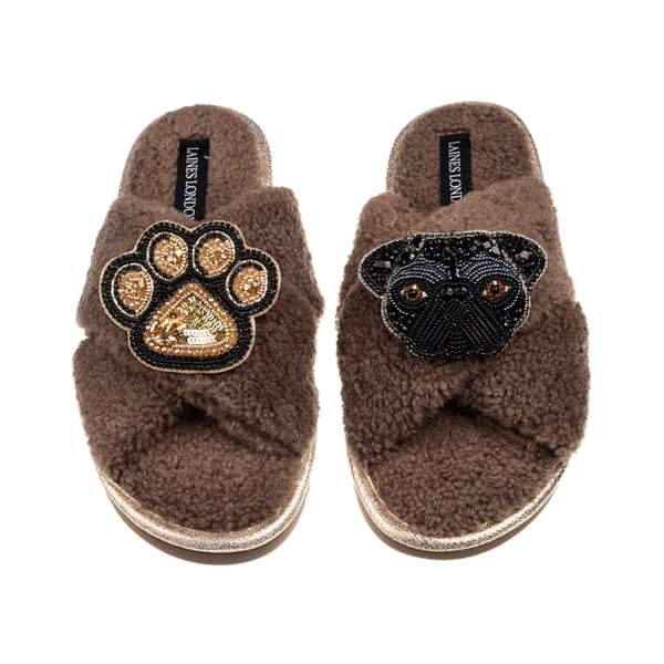 Laines London Boucle Slippers With Snoopy Pug & Paw Brooches