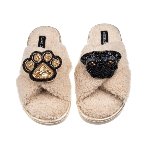 Laines London Boucle Slippers With Snoopy Pug & Paw Brooches