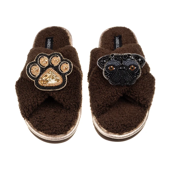 Laines London Boucle Slippers With Snoopy Pug & Paw Brooches