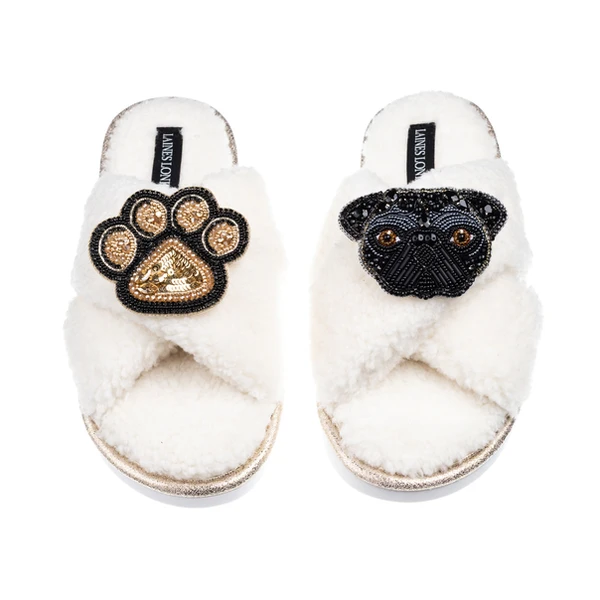 laines london Boucle Slippers With Snoopy Pug & Paw Brooches