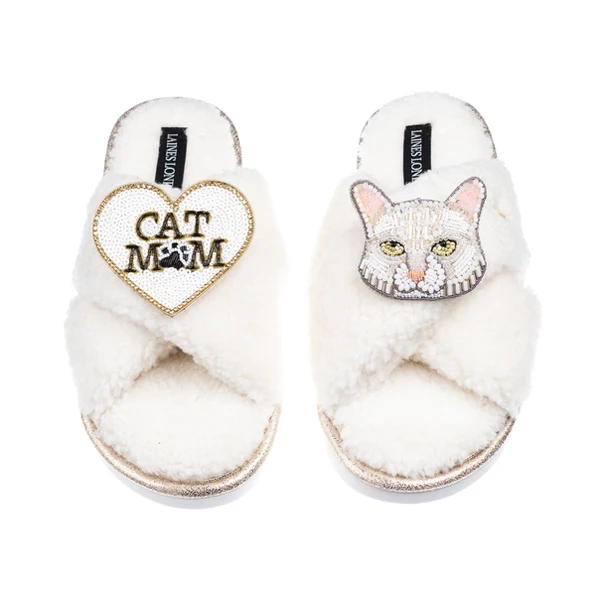 Laines London Boucle Slippers With White Cat & Cat Mum/Mom Brooches