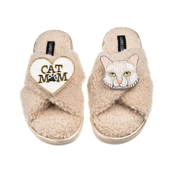 Laines London Boucle Slippers With White Cat & Cat Mum/Mom Brooches
