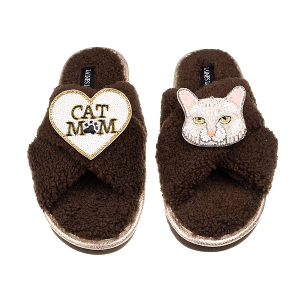 Laines London Boucle Slippers With White Cat & Cat Mum/Mom Brooches