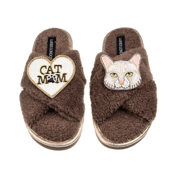 laines london Boucle Slippers With White Cat & Cat Mum/Mom Brooches