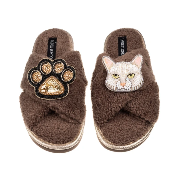 Laines London Boucle Slippers With White Cat & Paw Brooches
