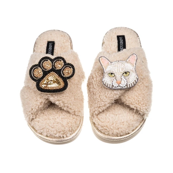Laines London Boucle Slippers With White Cat & Paw Brooches