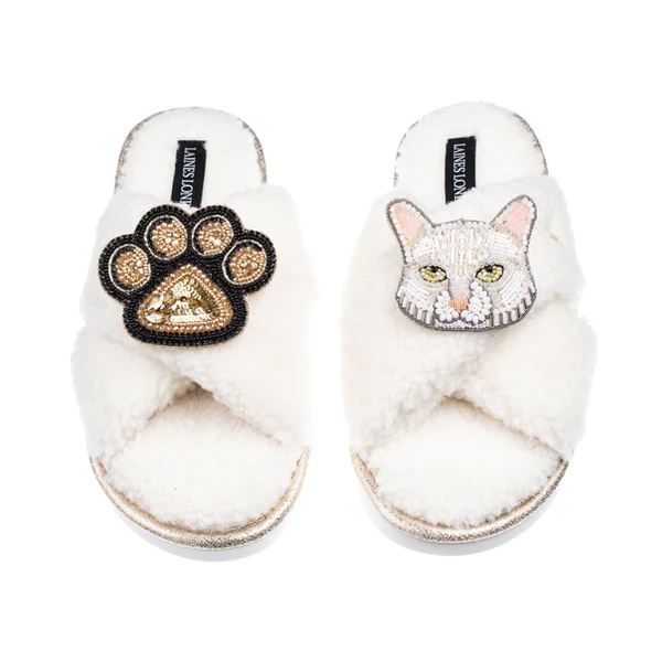 laines london Boucle Slippers With White Cat & Paw Brooches