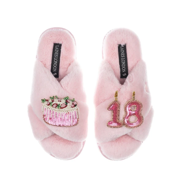Laines London Classic Laines Slippers With 18th Birthday & Cake Brooches