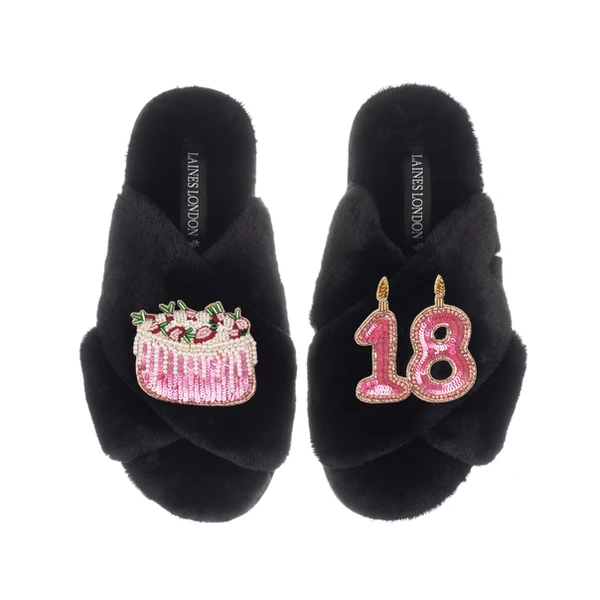 laines london Classic Laines Slippers With 18th Birthday & Cake Brooches