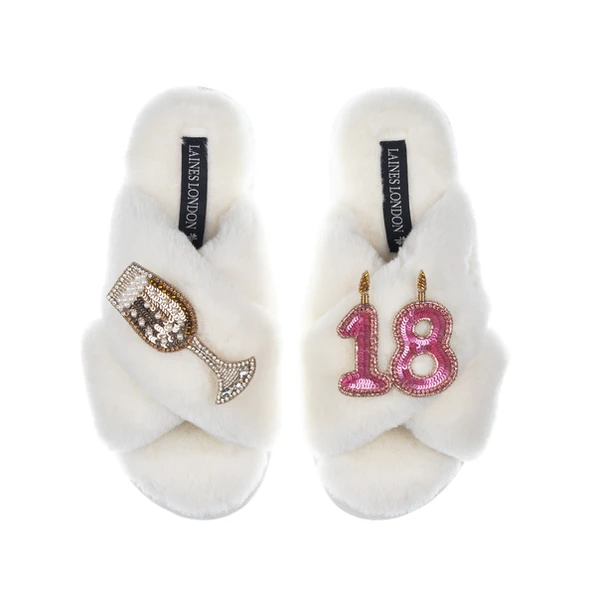 Laines London Classic Laines Slippers With 18th Birthday & Champagne Glass Brooches