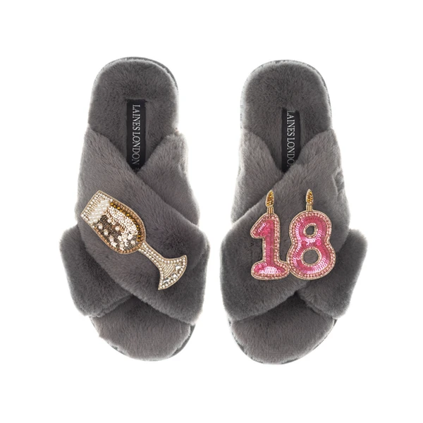 Laines London Classic Laines Slippers With 18th Birthday & Champagne Glass Brooches