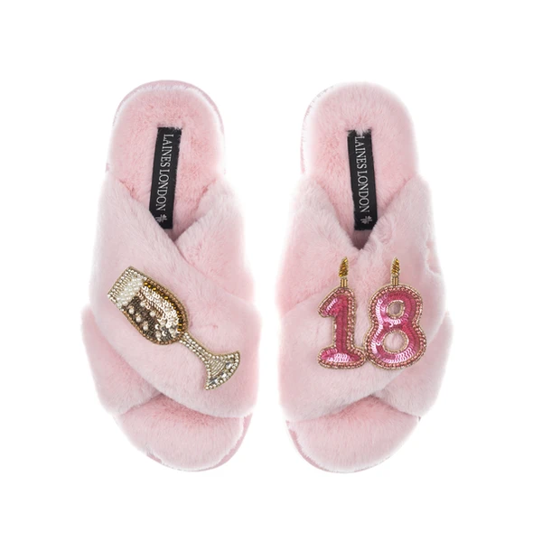 laines london Classic Laines Slippers With 18th Birthday & Champagne Glass Brooches