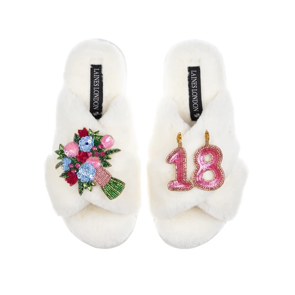 Laines London Classic Laines Slippers With 18th Birthday & Flowers Brooches