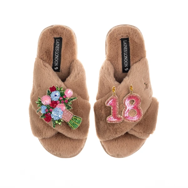 Laines London Classic Laines Slippers With 18th Birthday & Flowers Brooches