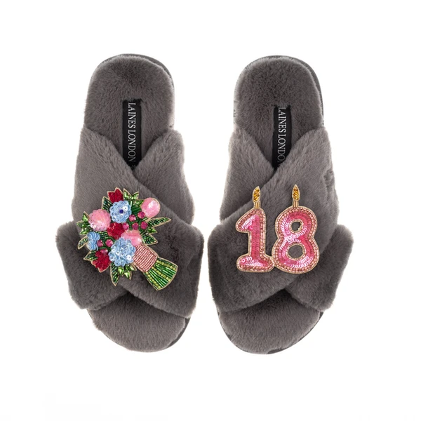 Laines London Classic Laines Slippers With 18th Birthday & Flowers Brooches