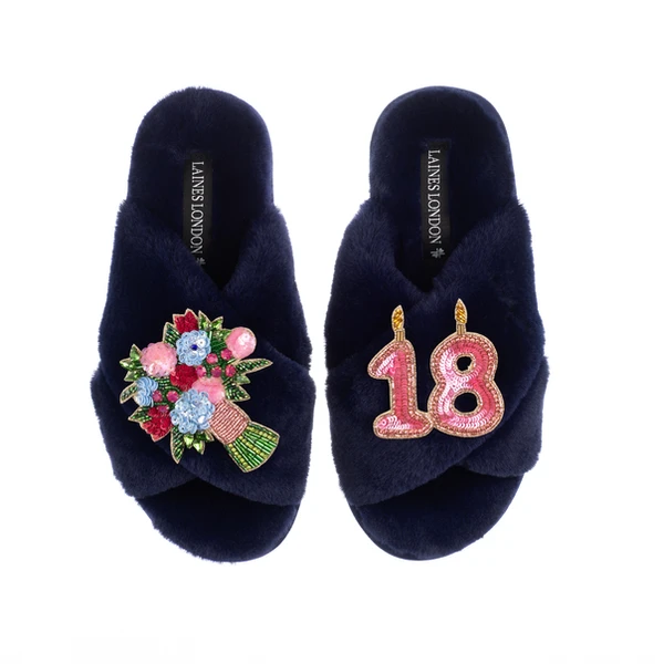 laines london Classic Laines Slippers With 18th Birthday & Flowers Brooches