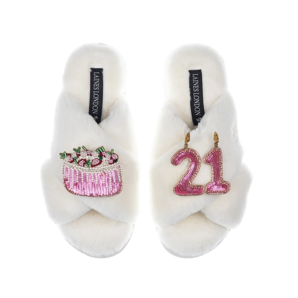 Laines London Classic Laines Slippers With 21st Birthday & Cake Brooches