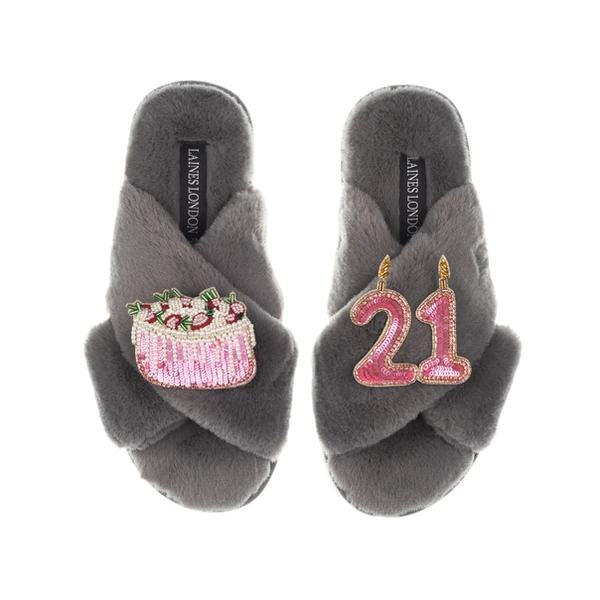 Laines London Classic Laines Slippers With 21st Birthday & Cake Brooches