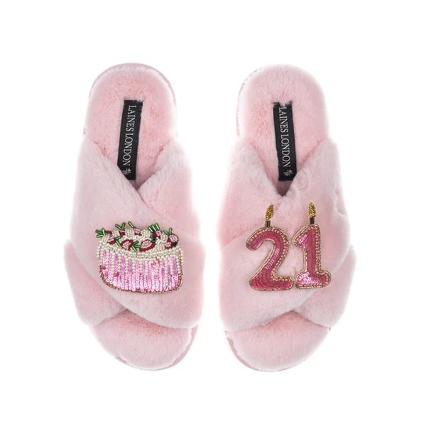 laines london Classic Laines Slippers With 21st Birthday & Cake Brooches