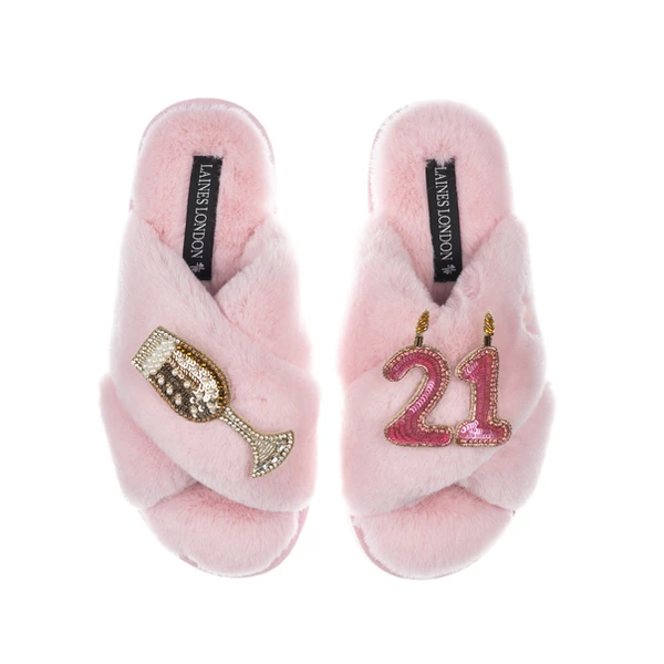 Laines London Classic Laines Slippers With 21st Birthday & Champagne Glass Brooches