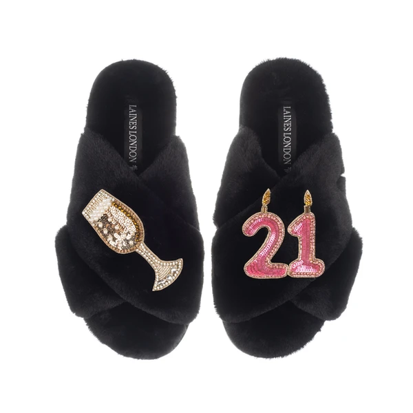 Laines London Classic Laines Slippers With 21st Birthday & Champagne Glass Brooches