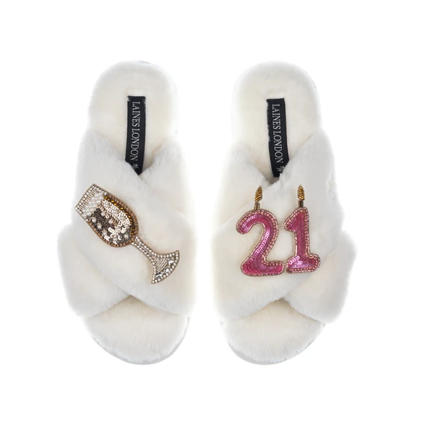 Laines London Classic Laines Slippers With 21st Birthday & Champagne Glass Brooches