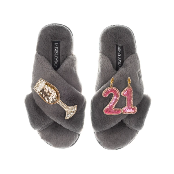 laines london Classic Laines Slippers With 21st Birthday & Champagne Glass Brooches