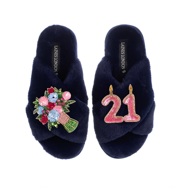 Laines London Classic Laines Slippers With 21st Birthday & Flowers Brooches