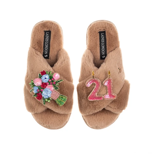 Laines London Classic Laines Slippers With 21st Birthday & Flowers Brooches