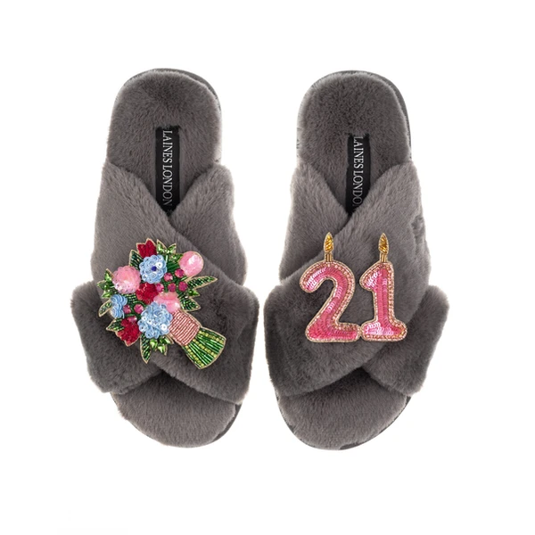 Laines London Classic Laines Slippers With 21st Birthday & Flowers Brooches