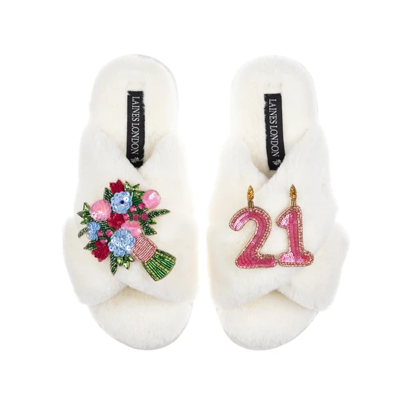 laines london Classic Laines Slippers With 21st Birthday & Flowers Brooches